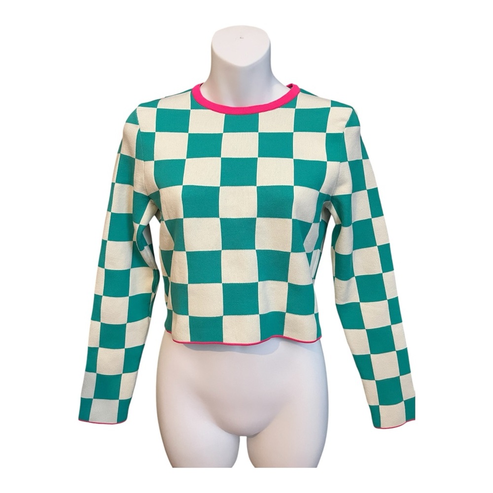 Zara Top‎ Womens  Green White Checkered Knit Cropped Long Sleeve Retro 70s